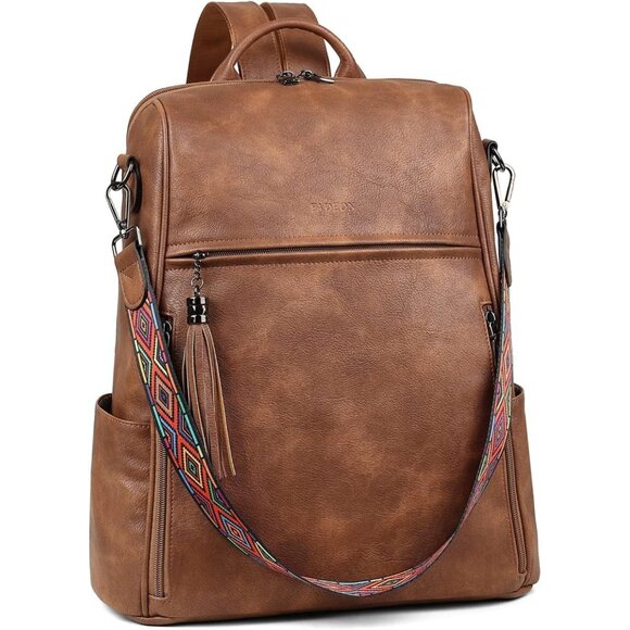 Women's Brown Retro Style Backpack Designer 15.6 inch PU Leather Laptop Bag - Picture 7 of 9
